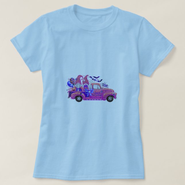 Woman in Light Blue T-Shirt with Halloween Gnome T (Frente do Design)