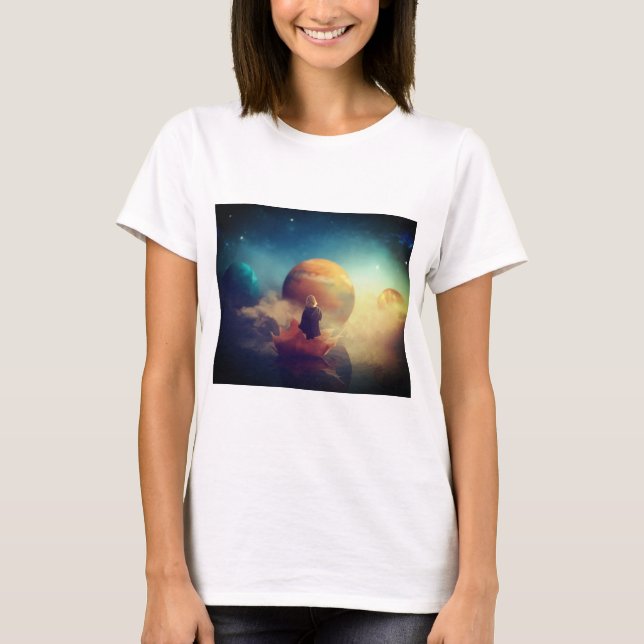 women's mytical child and planets t-shirt (Frente)