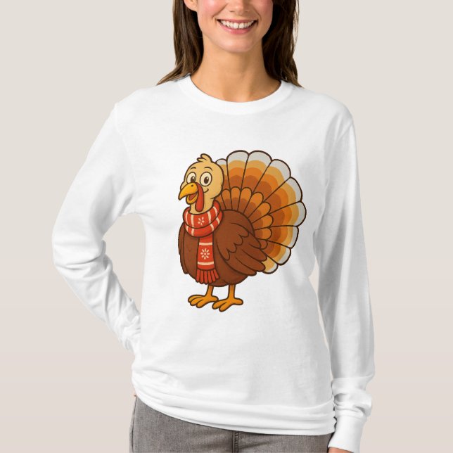 Women's Warm T-Shirt with a Cute Autumn Turkey Pri (Frente)