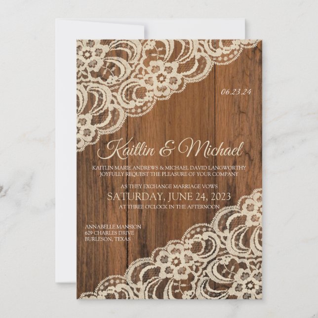 Wood & Beige Rustic / Convite Para Casamento De Ta (Frente)