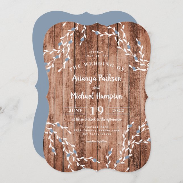 Wood Dusty Blue Berry Wreath Convite para Casament (Frente/Verso)