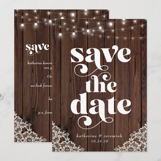 Wood String Lights Lace Weding Date (Salvar data) (Frente/Verso)