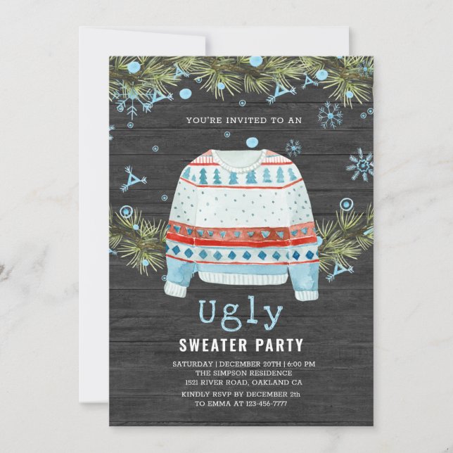 Wooden Snowy Ugly Sweater Convite de Natal (Frente)