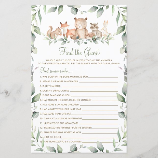 Woodland Animal Greenery Encontre o Jogo Convidado (Frente)