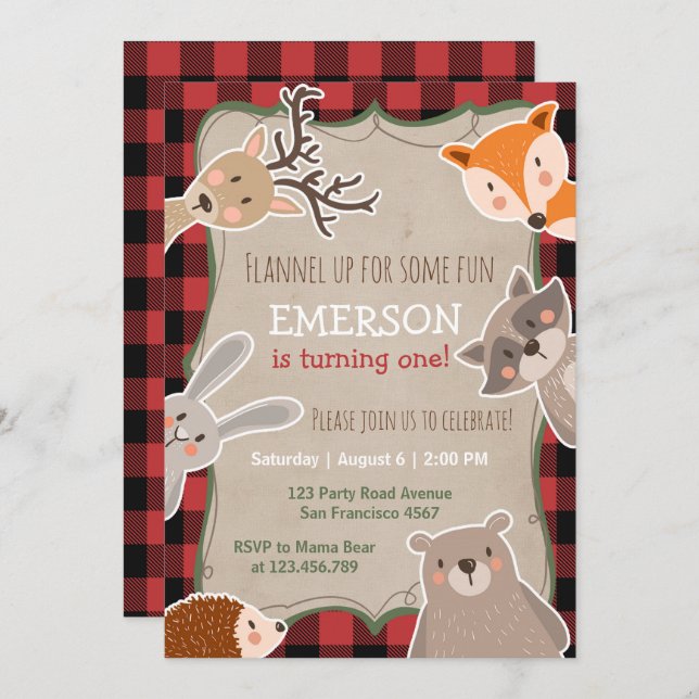 Woodland Birthday Convite Lumberjack Fox Bear (Frente/Verso)