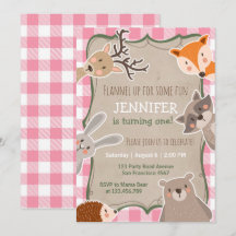 Woodland Birthday Convite Lumberjack Girl Pink