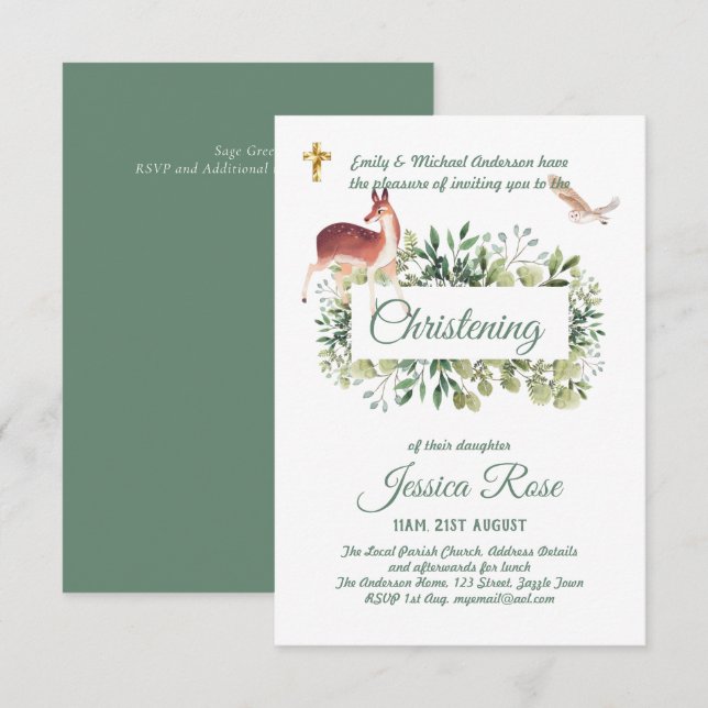 Woodland Deer Owl Christening Convida Baptism (Frente/Verso)