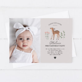 Woodland Fawn Flowers Foto Convite de Aniversário