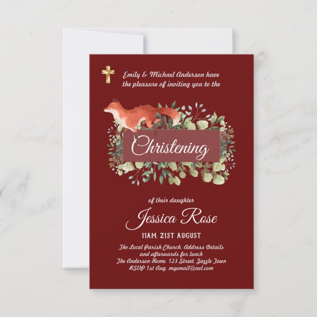 Woodland Fox Christening Convida Baptismo (Frente)