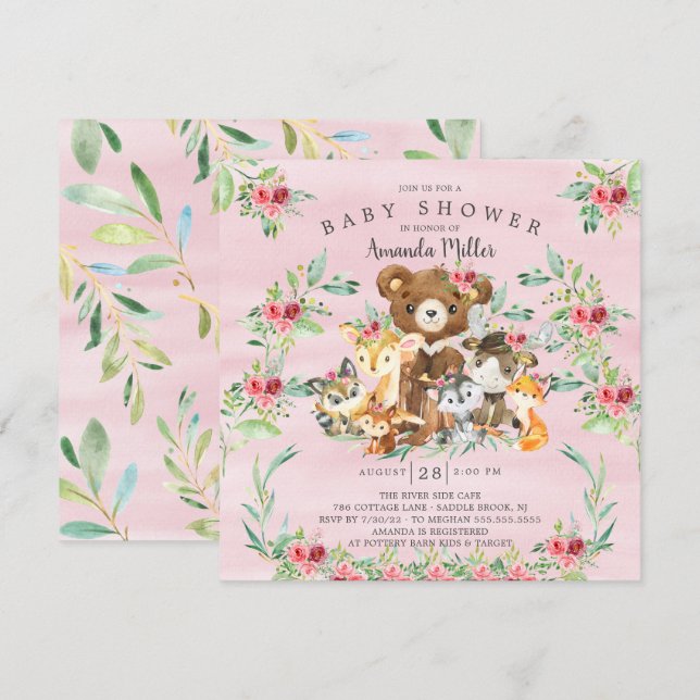 Woodland Friends Girls Chá de fraldas Convite (Frente/Verso)