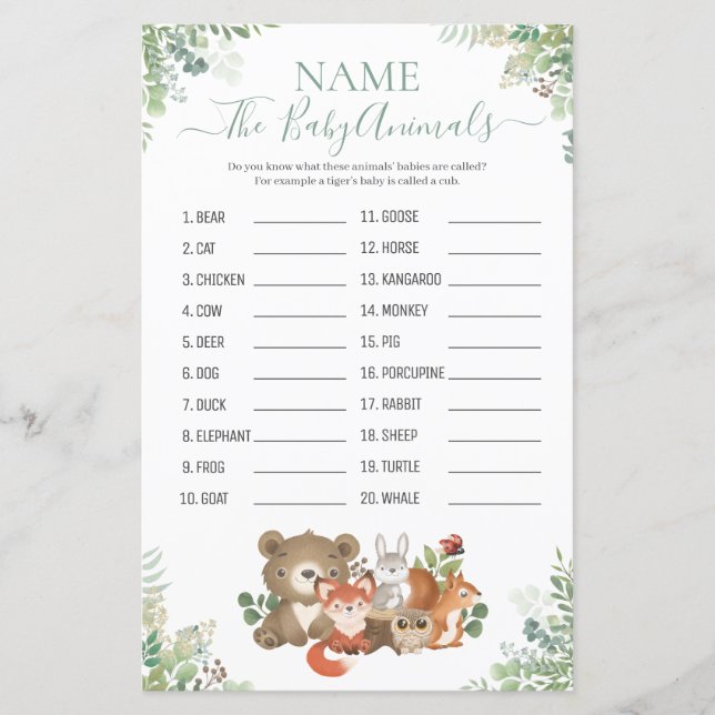 Woodland Greenery Chá Baby Animal Name Game (Frente)