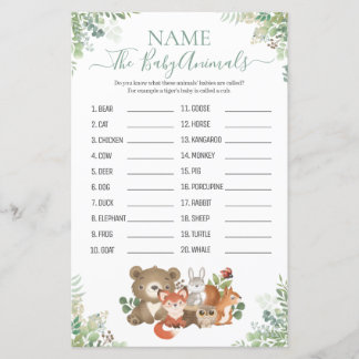 Woodland Greenery Chá Baby Animal Name Game