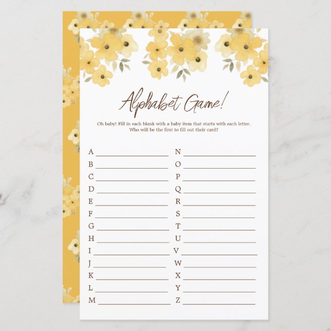 Woodland Hedgehog Chá de fraldas Alphabet (Frente/Verso)