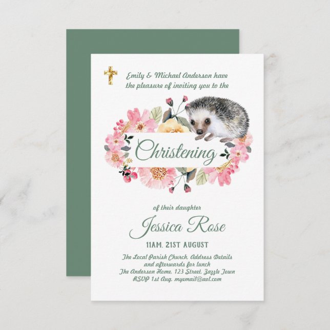 Woodland Hedgehog Christening Convida Baptism (Frente/Verso)