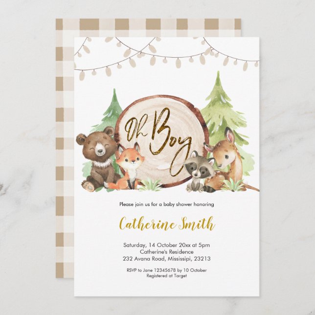 Woodland Oh Boy Chá de fraldas Convite (Frente/Verso)