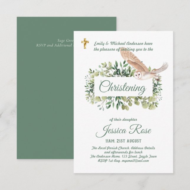 Woodland Owl Christening Convida Baptism (Frente/Verso)
