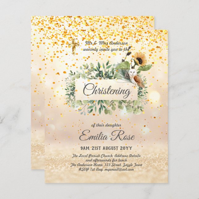 Woodland Owl Sunflower CHRISTENING Baptism Convite (Frente/Verso)