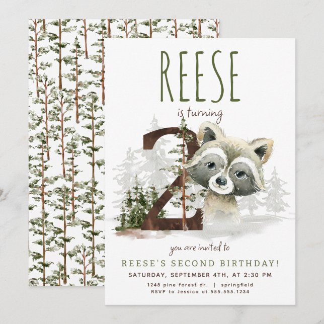 Woodland Raccoon Segundo Convite De Aniversário (Frente/Verso)