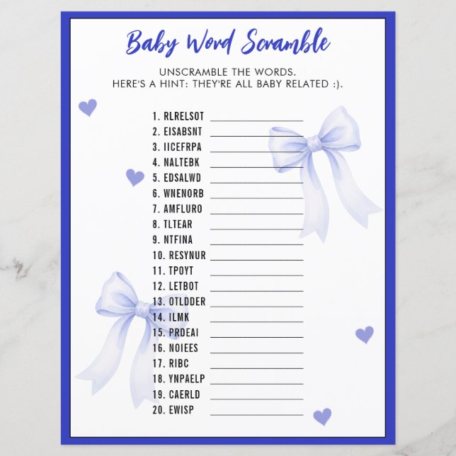 Word Scramble Baby Shower Game Blue Bow Ribbon (Frente)