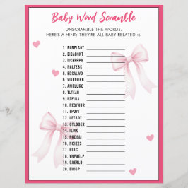 Word Scramble Baby Shower Game Pink Bow Ribbon