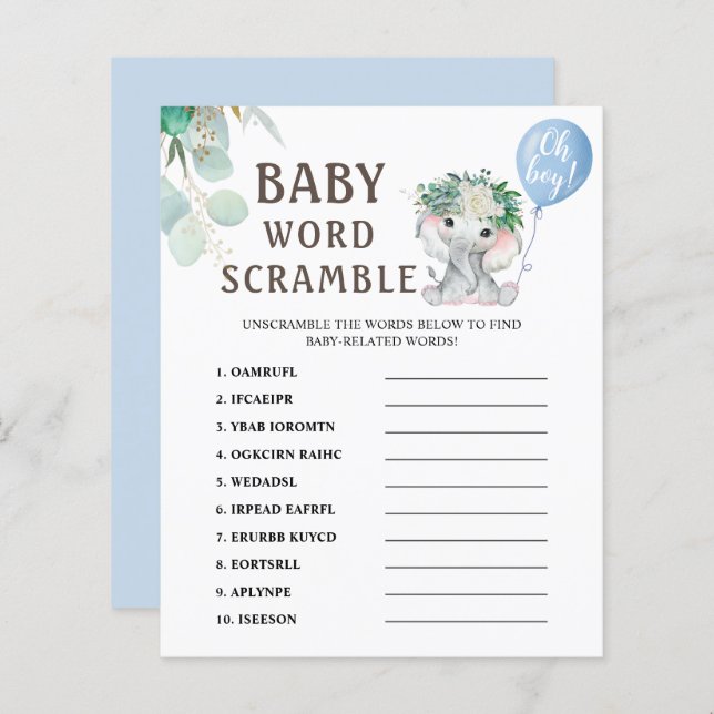 Word Scramble | Elephant Balloon Baby Shower Game (Frente/Verso)