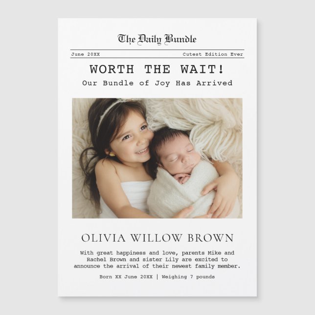 Worth the Wait, Newspaper Newborn Magnetic Card (Frente)