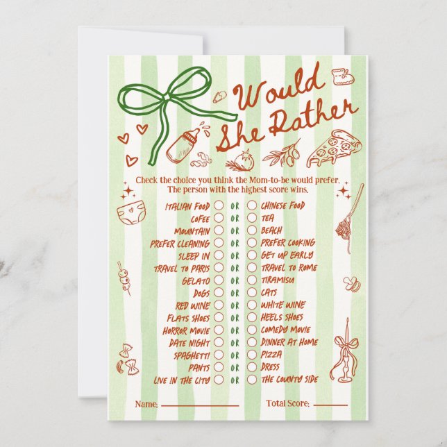 Would She Rather Baby Shower Game in Red Green (Frente)