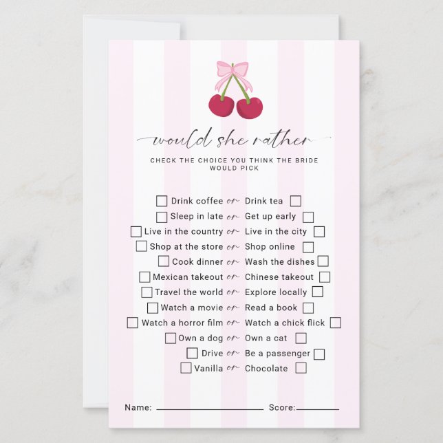 Would She Rather Bridal Shower Game Coquette (Frente)