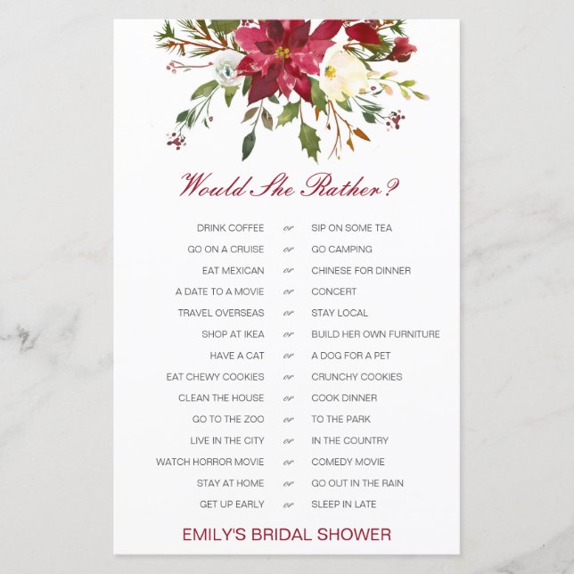 Would She Rather Bridal Shower Game PRINTED (Frente)
