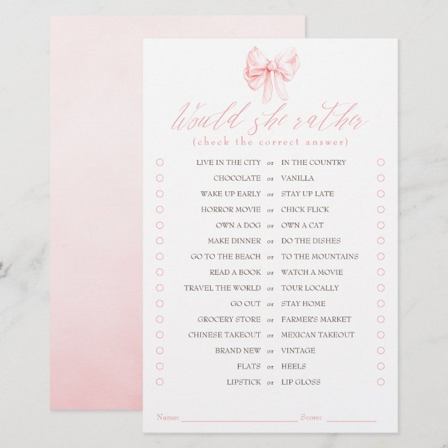 Would She Rather Elegant Pink Bow Bridal Game (Frente/Verso)