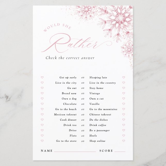 Would She Rather Pink Snow in Love Bridal Shower (Frente)