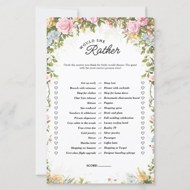 Would She Rather Tea Party Bridal Shower Game (Frente)