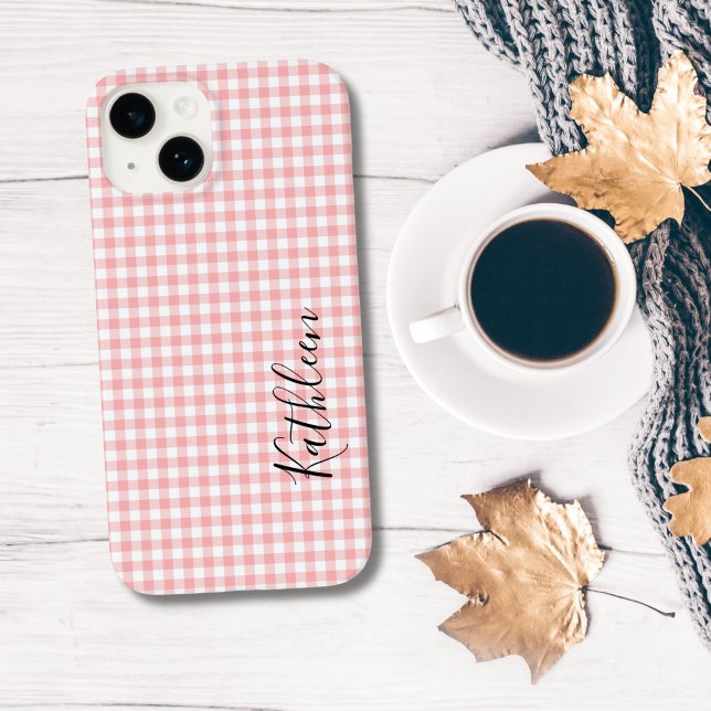 Xadrez Gingham Rosa e Branco Nome Monograma (Monogrammed Pink White Gingham iPhone case)
