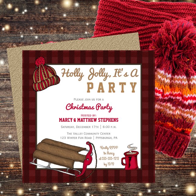 Xadrez Holly Jolly Sled Convite de festas de Natal (Plaid Holly Jolly Sled Christmas Party Invitation)