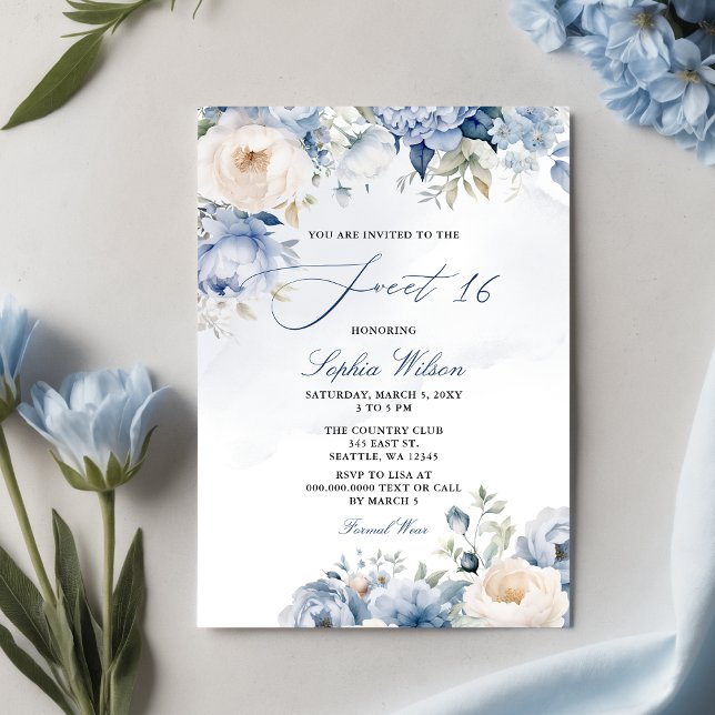 Xarope Azul Floral Doce 16 Convite (Elegant Modern Dusty Blue Floral Sweet 16 Invitation)