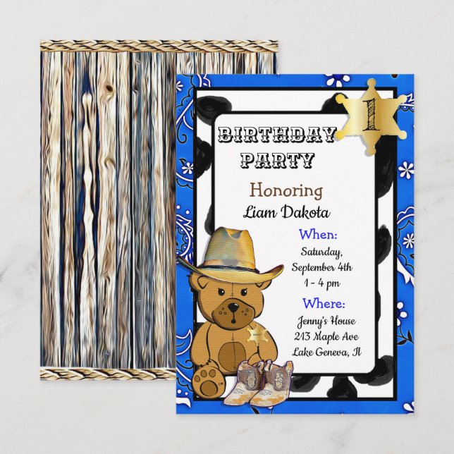 Xerife Teddy Bear Cowboy Convite Aniversário (Frente/Verso)