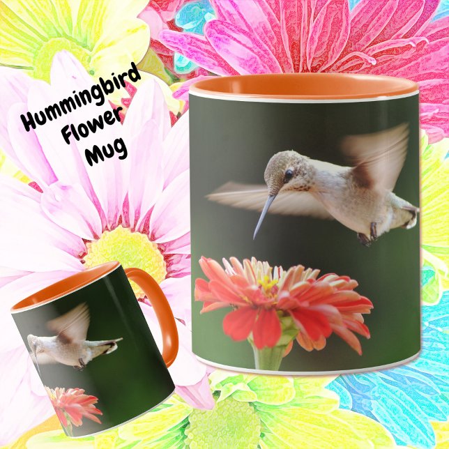 Xícara de beija-flor e Bonito (Pretty Hummingbird hovering over a Zinnia flower, pretty mug.)