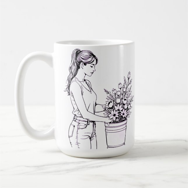 Xícara de Café com Arte de Linha Botânica para Ama (Esquerda)