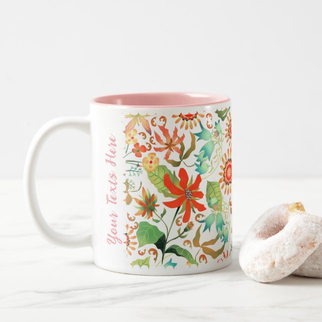 Xícara De Café Floral Branca De Dois Toneladas (Com Donut)