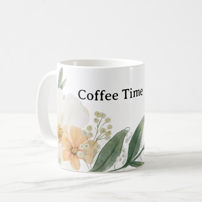 Xícara de café fofo CoffeeTime. Floral minimalista (Frente Esquerda)