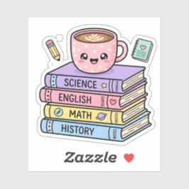 Xícara de Café Kawaii e Adesivo de Livros de Estud