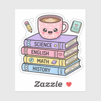 Xícara de Café Kawaii e Adesivo de Livros de Estud