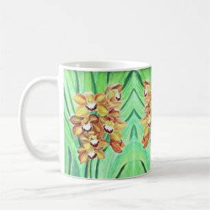 Xícara de café - Orquídeas laranja e amarelas
