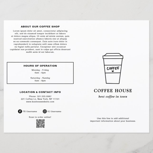 Xícara de café preta e branca fofa Menu de Cafeter (Frente)