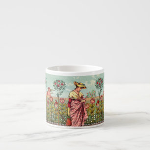 Xícara De Espresso Arte Antigo Jardim Crescer Flor Mulher