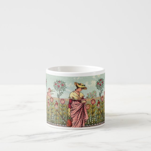 Xícara De Espresso Arte Antigo Jardim Crescer Flor Mulher (Frente)