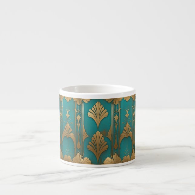 Xícara De Espresso Arte Deco Em Azul E Dourado (Frente)