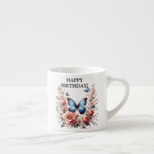 Xícara De Espresso Arte Floral de Borboleta Azul Personalizável-96279