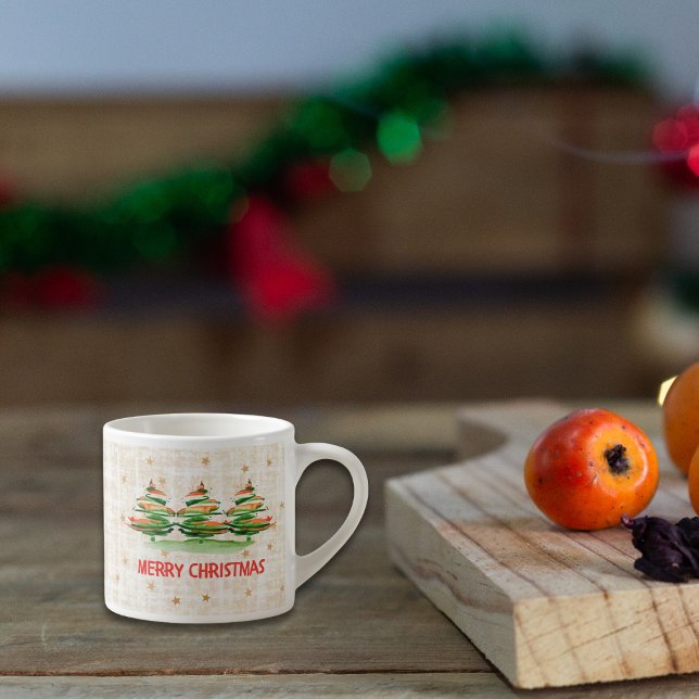 Xícara De Espresso Árvores de Natal Alegres em Linho – Presente Festi (Criador carregado)
