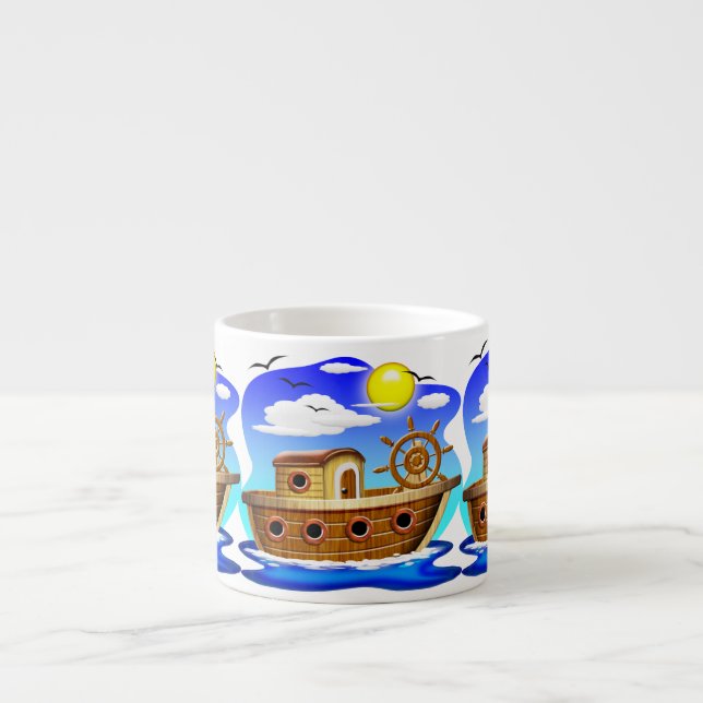 Xícara De Espresso Barco de Pesca Cartoon  (Frente)